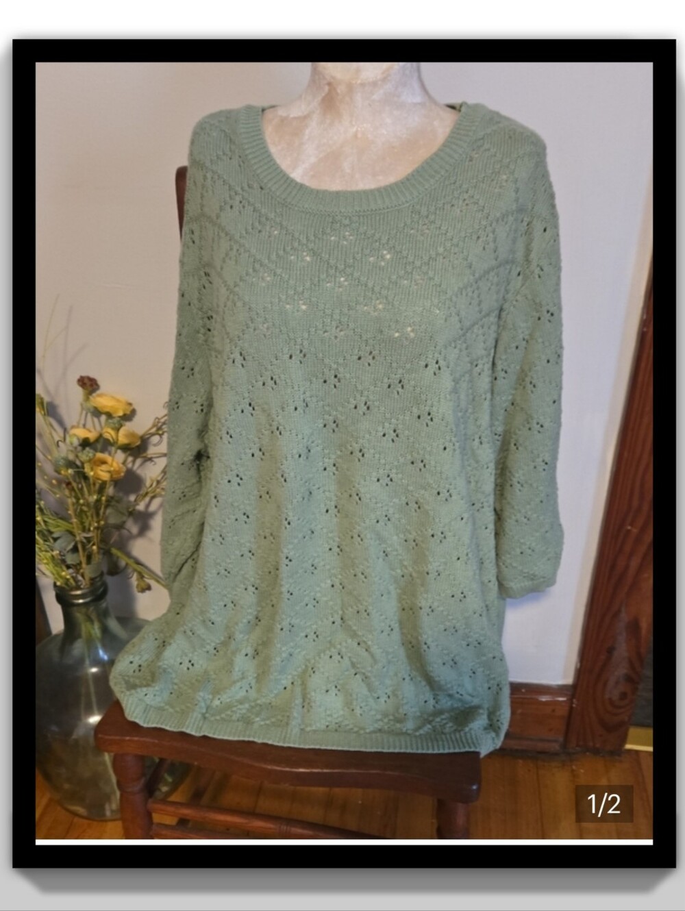 Woman Within Sage Green Open-Knit Scoop Neck Sweater Size 3x